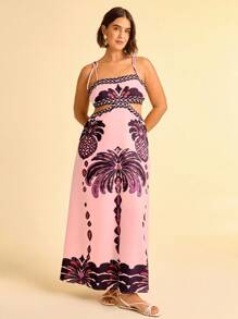 CAJUNI 女式波西米亚风香蕉树和菠萝印花镂空腰后绑带无袖粉色连衣裙，假日休闲夏装 - 粉色 - 查看 1