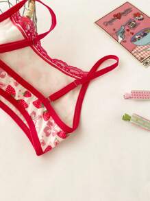 少女草莓与花卉印花撞色蕾丝内衣 - 粉色 - 查看 5