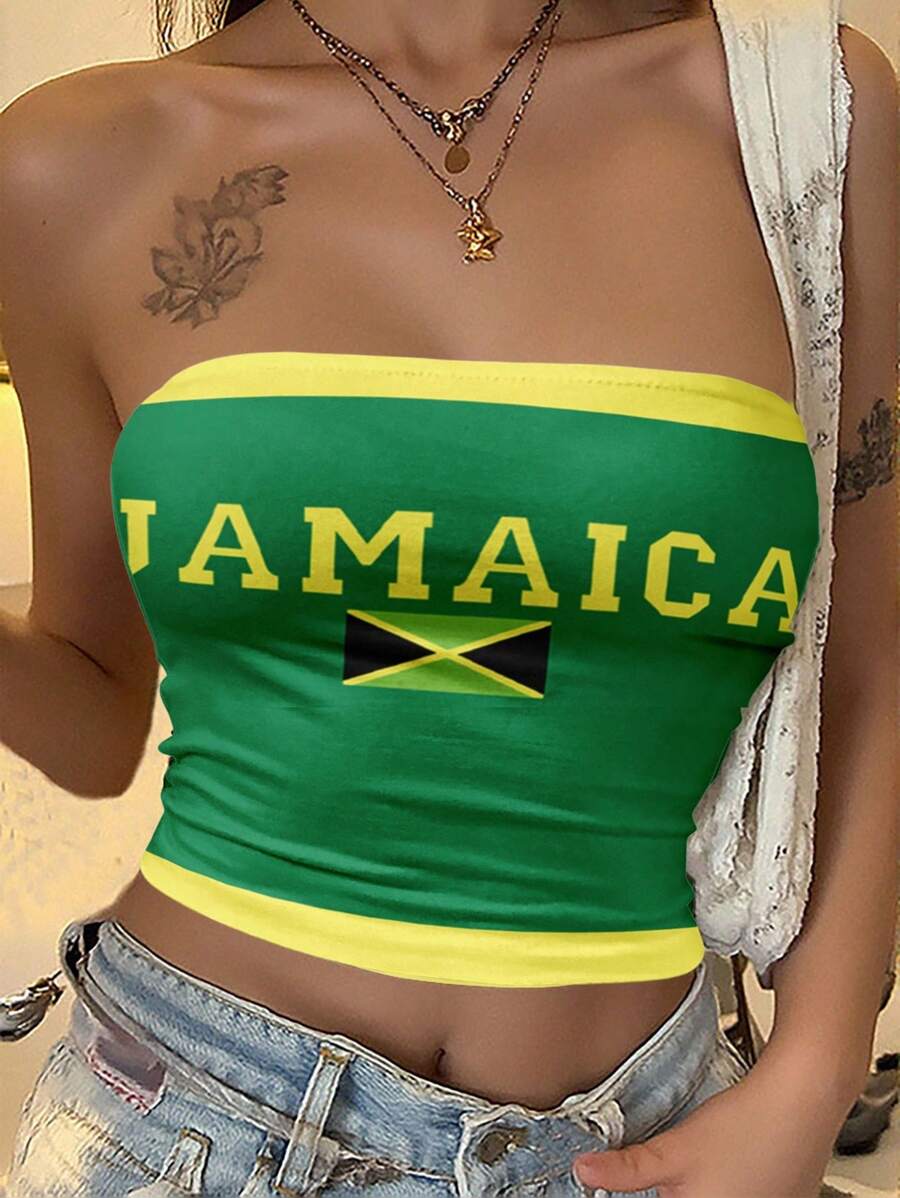 Fiercella Fiercella Women's Jamaica Flag World Cup Tube Top, Summer Vacation Green And Yellow Street Wear Y2k - Multicolor - View 1
