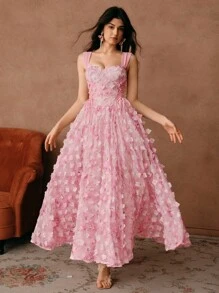 Savoree Women's Elegant Romantic Pink Floral Print 3D Flower Drawstring Waist A-Line Corset Off-The-Shoulder Dress