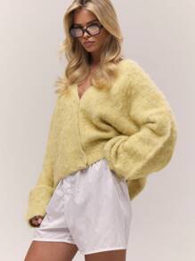 MUSERA 毛绒针织宽松V领纽扣开衫，秋季复古乡村风，返校季休闲女装，奶油黄/焦糖色，冬日时尚春季毛衣 - 黃色 - 查看 2