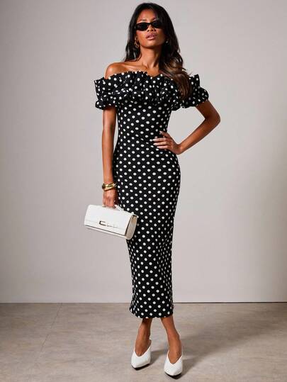 COSMINA Women's Polka Dot Print Ruffle Off Shoulder Fitted Elegant Mid-Length Dress,Elegant Dresses For Women