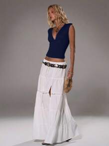 TRNVIE Women's Deep V-Neck Tight Casual Versatile Top, Spring/Summer - Navy Blue - View 6