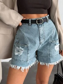 EURMUSE Woman High Waist Summer Frayed Short - Light Wash - View 4