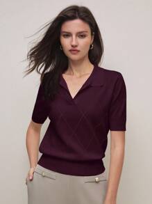 BizChic 2025秋冬新款勃艮第Polo领钻石针织毛衣上衣，优雅都市商务休闲办公装，适合约会、派对、郊游、机场、浪漫乡村音乐会、韩式、机场、婚礼嘉宾、生日、万圣节、圣诞节女士商务休闲上衣女士短袖上衣女士办公室上衣女士针织上衣 - 紫色 - 查看 5