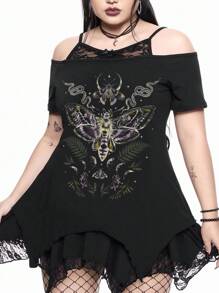 ROMWE Goth 哥特式神秘蛇皮与花卉印花不对称下摆露肩蕾丝吊带黑色加大码 T 恤 - 黑色 - 查看 1