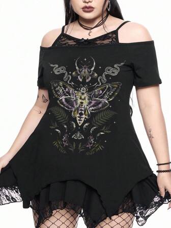 Goth Gothic Mysterious Snake Skin & Floral Print Asymmetrical Hem Off Shoulder Lace Cami Black Plus Size T-Shirt
