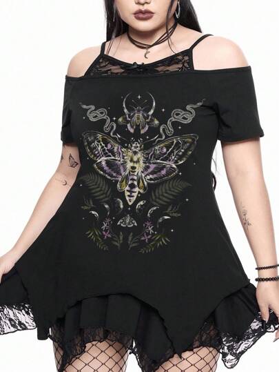 Goth تي شيرت كامي أسود مقاس كبير بطبعة جلد الثعبان الغامضة والأزهار غير متماثلة الحافة قبالة