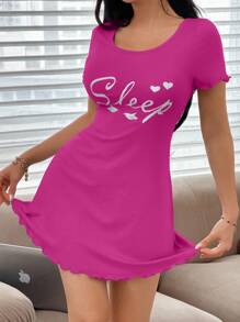 SHEIN 女士休闲情书印花短袖睡袍，ins风，夏季 - 玫紅色 - 查看 3