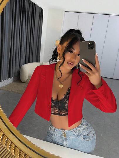 SHEIN SXY Women's Solid Color Minimalist Daily Short Blazer In Fall/Winter