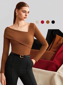 BizChic 女士棕色弹力折叠不对称领 T 恤，适合外出、办公室、商务休闲装，秋季基本款上衣