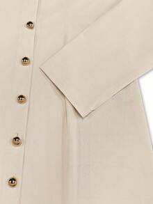 Franclia 女士纯色高领长袖单排扣收腰休闲办公中长连衣裙，秋冬季大学女生服装 - 杏色 - 查看 3