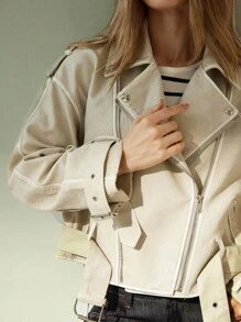 Aveloria Modichic 新款时尚休闲别致简约高端拉链领夹克，PU 皮革摩托车设计 - 米色 - 查看 4