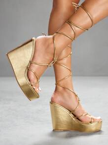 CUCCOO SZL 女士高跟厚底时尚凉鞋，夏季圣诞节春季鞋履 - 金色 - 查看 10