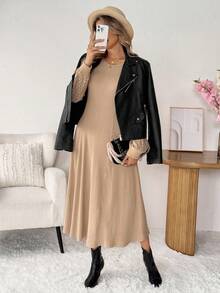 SHEIN LUNE فستان كاجوال للنساء بلون أحادي مع تصميم من الدانتيل، خصر ضيق وأكمام طويلة، ملابس أساسية للخريف والشتاء، ملابس شتوية كاجوال للنساء، ملابس خروج كاجوال للنساء، فساتين كاجوال وأنيقة للنساء، فستان بيج مصنوع من الصوف مع أكمام من الدانتيل - كاكي - مشاهدة 6