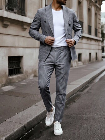 Manfinity Mode Erkek Çizgili Omuz Dolgulu Uzun Kollu Kruvaze İş Resmi Takım Elbise Seti