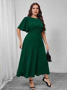 Modelyn Plus Size Women's Solid Color Round Neck Ruffle Short Sleeve Pleated Elegant Dress,Fall Clothes For Women - Dark Green - View 4