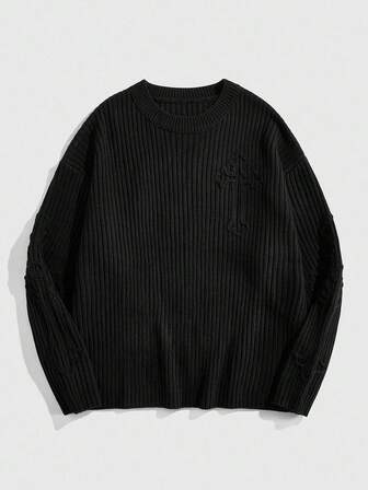 Street Life Suéter de cuello redondo casual y versátil para hombres con bordado de cruz en unicolor, estilo grunge, para otoño/invierno