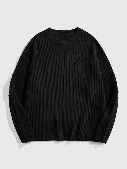 Street Life Suéter de cuello redondo casual y versátil para hombres con bordado de cruz en unicolor, estilo grunge, para otoño/invierno
