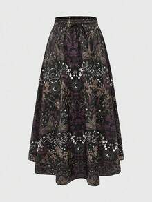 ROMWE Summer Outfits 2pcs Women's Vacation Gothic Sun & Moon Embroidery Camisole + Allover Print Skirt Set - Purple - View 3