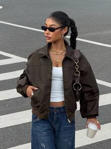 Muchica Quần áo mùa thu cho nữ Áo khoác da PU họa tiết bông tuyết cổ điển mới, thích hợp mặc hàng ngày và dạo phố - màu nâu - Xem 5