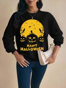 Shutterstock Glamance 女士休闲宽松百搭长袖圆领运动衫万圣节运动衫万圣节快乐运动衫万圣节衬衫秋季运动衫女士万圣节运动衫可爱万圣节运动衫女士图案运动衫基本款上衣 - 黑色 - 查看 1