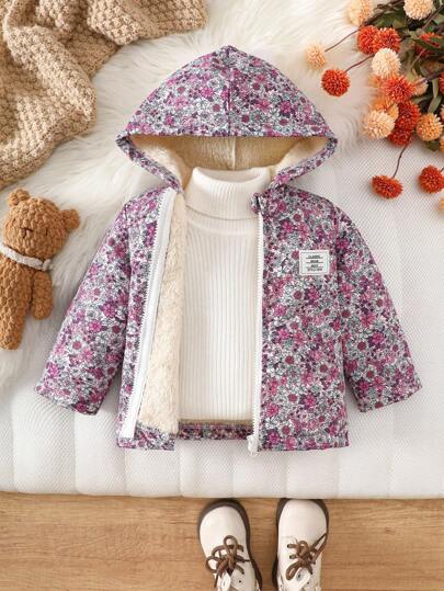 SHEIN Vintaside Kids Chaqueta con capucha con estampado floral vintage para niñas, cierre con cremallera, forro térmico, abrigo de invierno casual y de moda