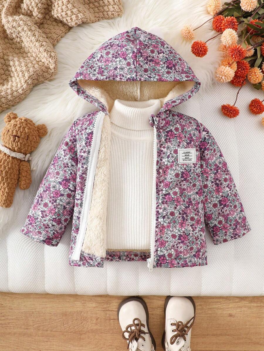 SHEIN Vintaside Kids Vintage Ditsy Floral Hooded Jacket For Baby Girls, Zipper Closure, Thermal Lined, Casual & Fashionable Winter Outerwear Fall