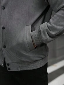 Manfinity Homme Chaqueta casual de ante de un solo pecho de unicolor con mangas raglán para hombre, gris con botones, para otoño/invierno - Gris - Ver 7