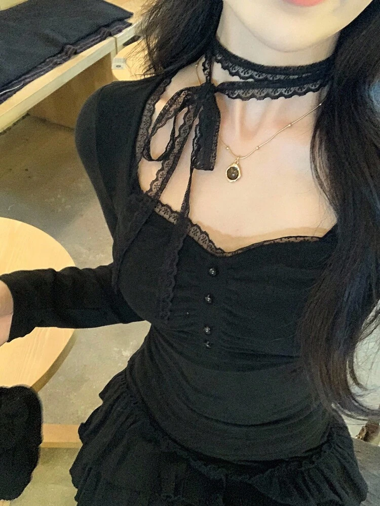Women's Elegant Lace-Up Long Sleeve T-Shirt, Spring/Autumn