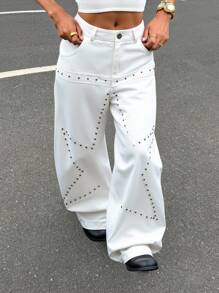 SHEIN EZwear Quần ống rộng túi đính hạt thường ngày cho nữ - trắng - Xem 1