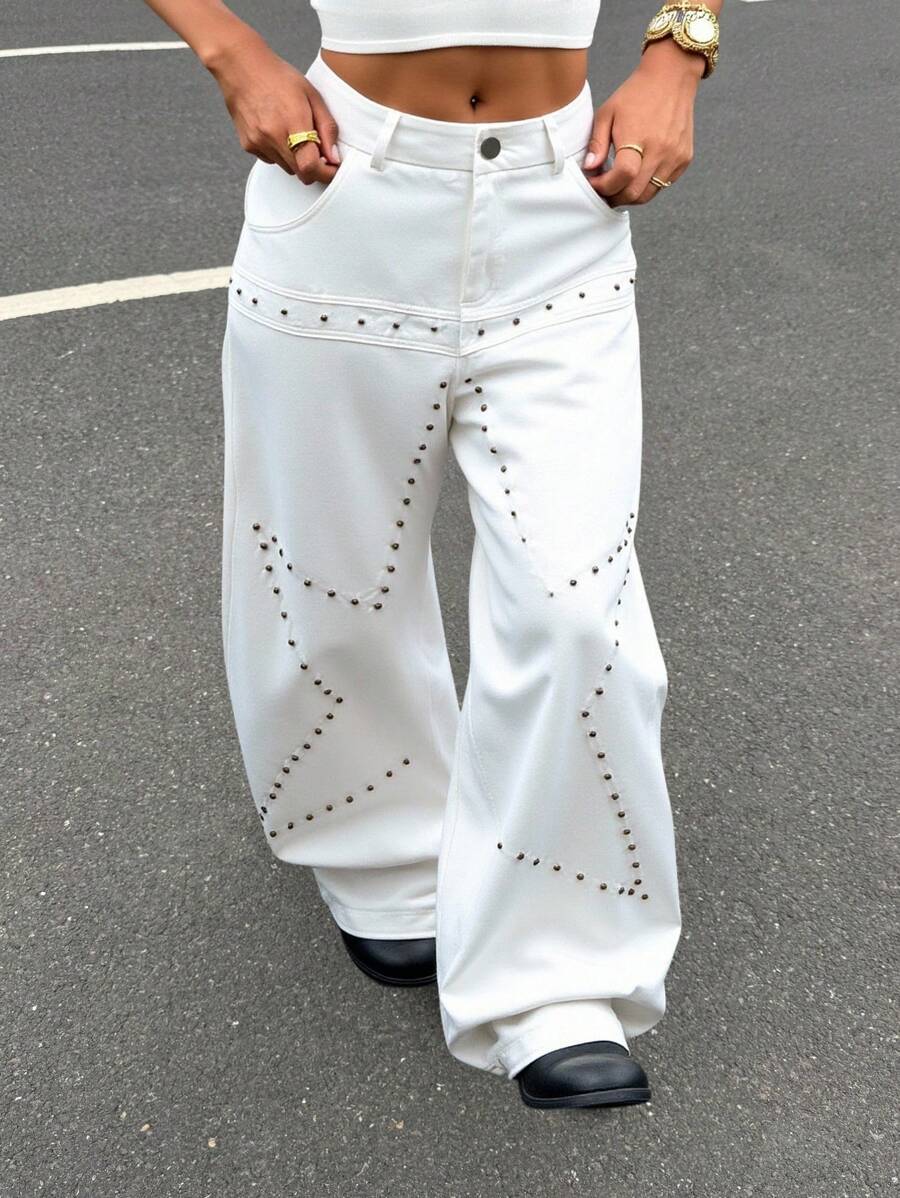 SHEIN EZwear Quần ống rộng túi đính hạt thường ngày cho nữ - trắng - Xem 1