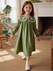 SHEIN Vintaside Kids 青少年女孩休闲花卉刺绣长袖连衣裙 - 綠色 - 查看 9