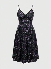 ROMWE Goth Spring/Summer Plus Size Dark Purple Moth & Floral Print Maxi Slip Dress - Purple - View 1