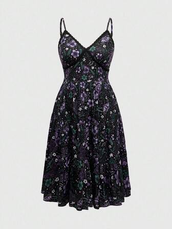 Goth Maxikleid mit Motten- und Blume Muster in Große Größen, dunkel lila