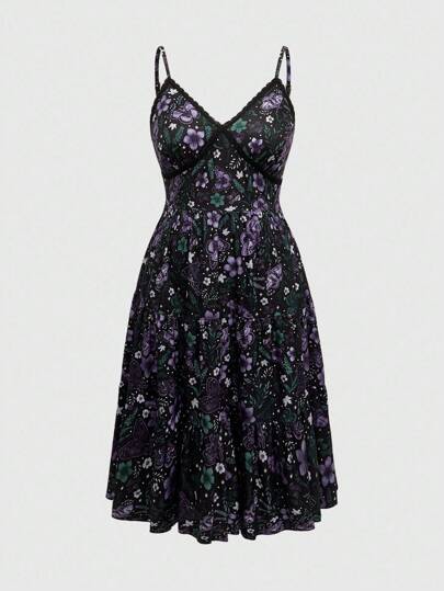 ROMWE Goth Spring/Summer Plus Size Dark Purple Moth & Floral Print Maxi Slip Dress