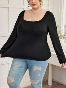 SHEIN CURVE+ Curves 大码/学校服装/返校服装/返校 2 件/套装大码女式方领紧身长袖休闲黑白 T 恤套装，百搭女士春秋季基本款上衣大码黑色上衣大码长袖上衣方领上衣大码女式上衣大码纯色上衣女式秋季服装，冬季，CURVE PLUS - 黑與白 - 查看 5