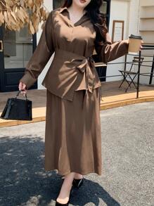 Dazy Plus 2pcs/Set Solid Color Tie-Waist Loose Long Sleeve Shirt & Skirt, Business Casual Commuter Outfit For Plus Size Women - Brown - View 7