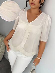 SHEIN Clasi Plus Size Summer Elegant Ruffle Puff Sleeve Blouse - Apricot - View 1