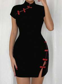 Rafferiza Vestido de mujer con cuello alto retro, unicolor, parche, botón frontal y dobladillo dividido - Negro - Ver 4