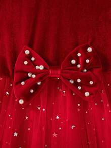 Glamorique Kids 1 szt. Sukienka dla młodej dziewczyny na jesień/zimę, nowy wysoki kołnierz, bufiaste rękawy, koralikowy wzór, wiązanie w talii, kokarda, koralikowe gwiazdki i księżyce, siateczkowy dół, elegancka tkanina, impreza, urodziny, dojazd do pracy, tiul, sukienka księżniczki