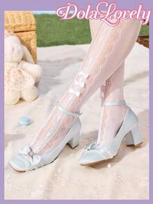 Dola Lovely Giày cao gót mũi vuông đế thô màu xanh dương dễ thương có họa tiết hoa bướm, ren ngọc trai giả và ngọc trai dành cho nữ, thích hợp làm quà tặng lãng mạn, cũng thích hợp cho các bữa tiệc, buổi tụ họp và Giáng sinh, Halloween, v.v. - Màu xanh lam - Xem 2