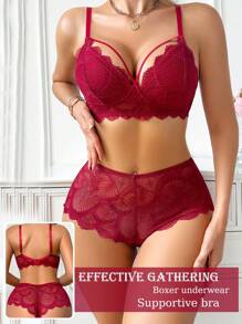 SHEIN 2pcs Women Lace Wireless Bra Set, Solid Color