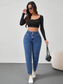 SHEIN Tall 女士牛仔裤休闲修身锥形裤宽腰蓝色牛仔裤高腰女式牛仔裤女式裤子冬季女式裤子牛仔服装 - 中等水洗藍 - 查看 2