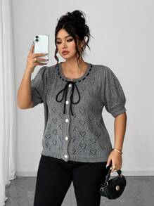 Elenzga Áo len cardigan dệt kim tay phồng khoét lỗ phía trước cỡ lớn cho nữ - Xám - Xem 4