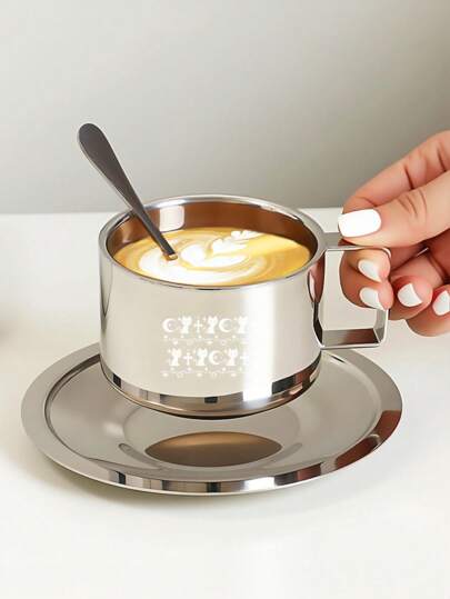 Goth 1pc Gothic 200ml Stainless Steel Coffee Cup,Gothic Coffee Cup Set, Cute Cat And Moon Pattern, Coffee Cup Set, Vintage Coffee Tea Cup, Retro,Suitable For Restaurant Or Home,Home Decor