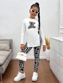 Bộ trang phục 2 món áo len dài tay in hình gấu cho bé gái tuổi mới lớn và quần legging họa tiết hình học - Đen và trắng - Xem 3