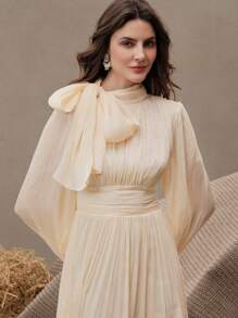 Anewsta Women's Long Dress, Spring & Autumn, Waist Pleated Shiny Elegant & Versatile - Champagne - View 5