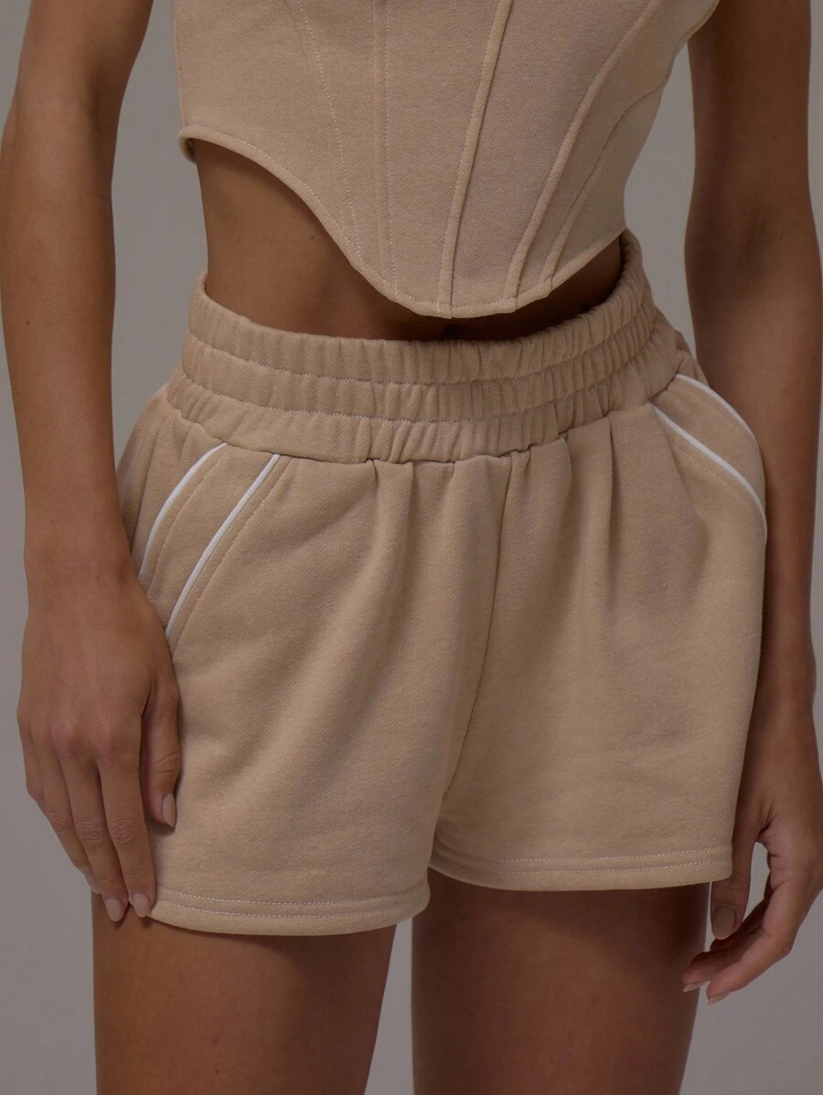 MUSERA 撞色滚边细节卫衣短裤休闲机场休闲服返校秋冬优雅夏季 - 杏色 - 查看 1