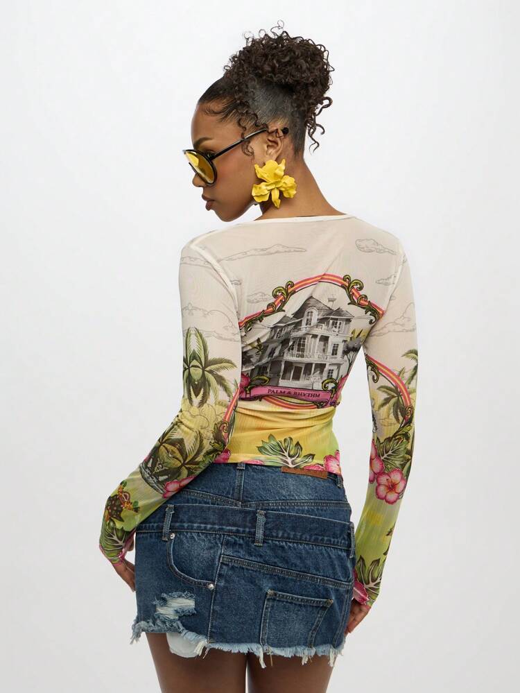 SUMWON WOMEN Printed Mesh Button Down Shirt With Hawaiian Scene